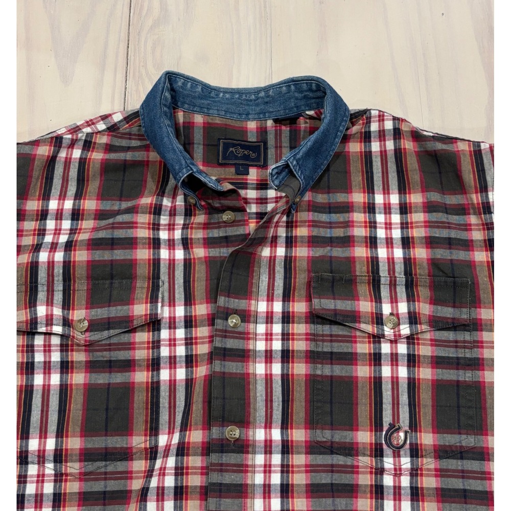 Roper Mens Plaid Button Down Shirt Large Red Black Denim Collar Cotton 301161626